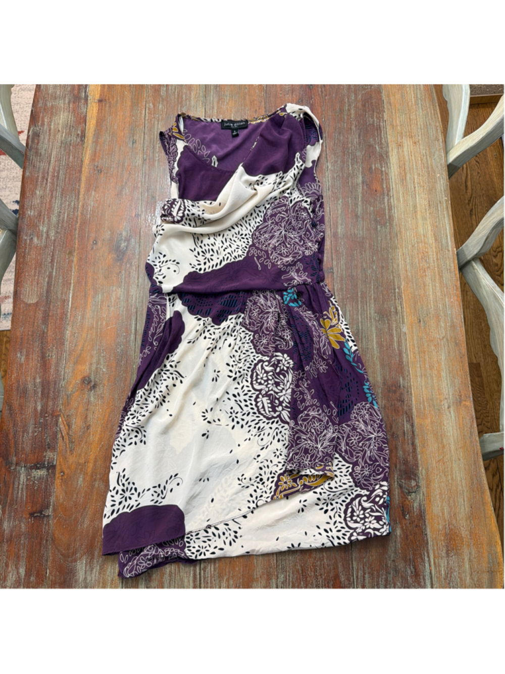 Julie Dillon 100% Silk Abstract Floral Cowl Neck Asymmetric Dress Size 6 READ